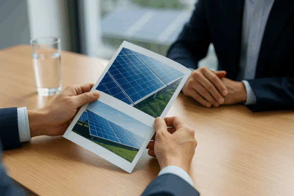 アルス株式会社西山代表が太陽光発電所の写真を確認している専門的なビジネス相談風景