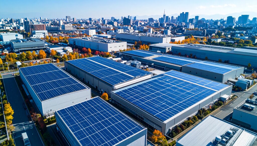 愛知県名古屋市の製造工場に設置されたアルス株式会社の太陽光発電システム、複数の建物屋根に大規模ソーラーパネルを設置した俯瞰写真
