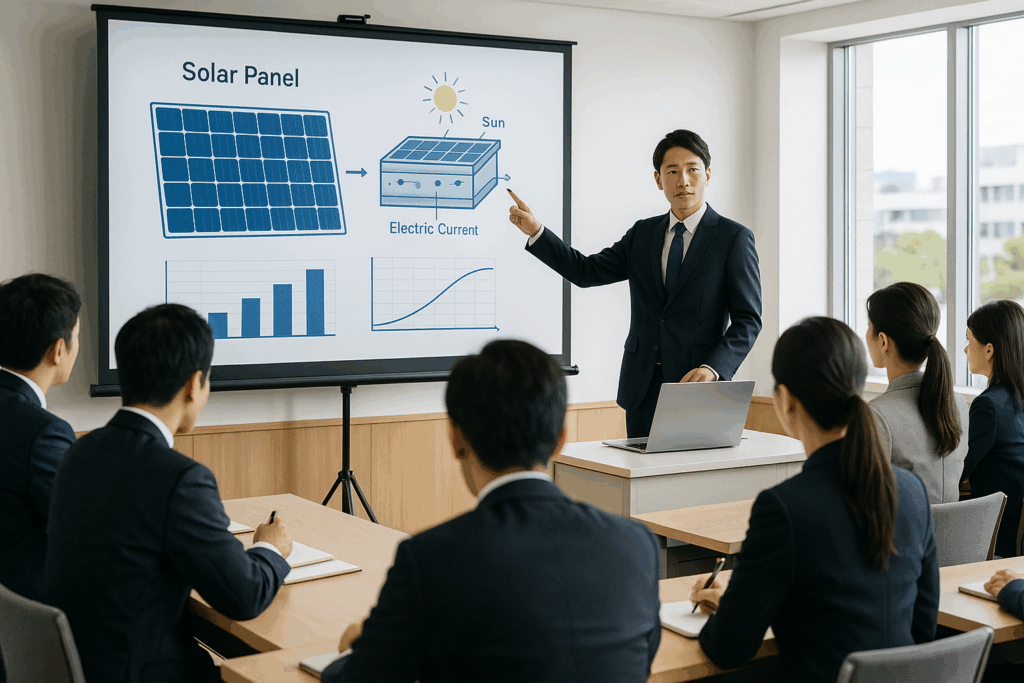 日本の近代的な会議室で、エンジニアが大型スクリーンの太陽光パネル図解を示しながら企業の聴講者にプレゼンする様子
