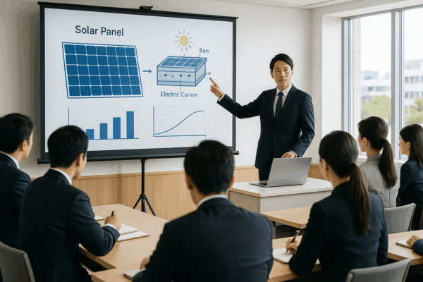 日本の近代的な会議室で、エンジニアが大型スクリーンの太陽光パネル図解を示しながら企業の聴講者にプレゼンする様子