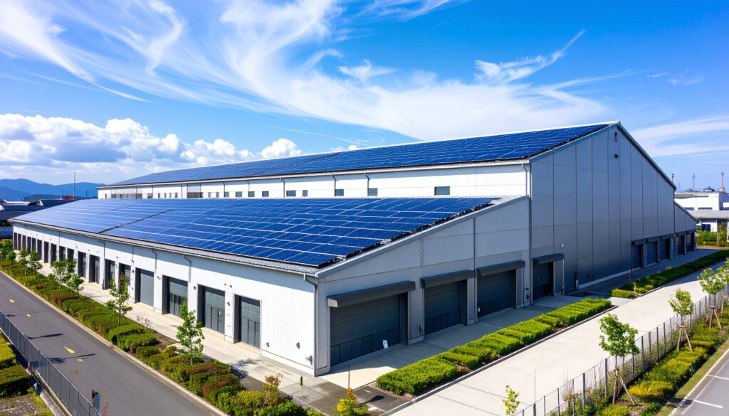 愛知県一宮市の物流倉庫に設置されたアルス株式会社の太陽光発電システム、青空と白い雲の下で稼働する大規模ソーラーパネル