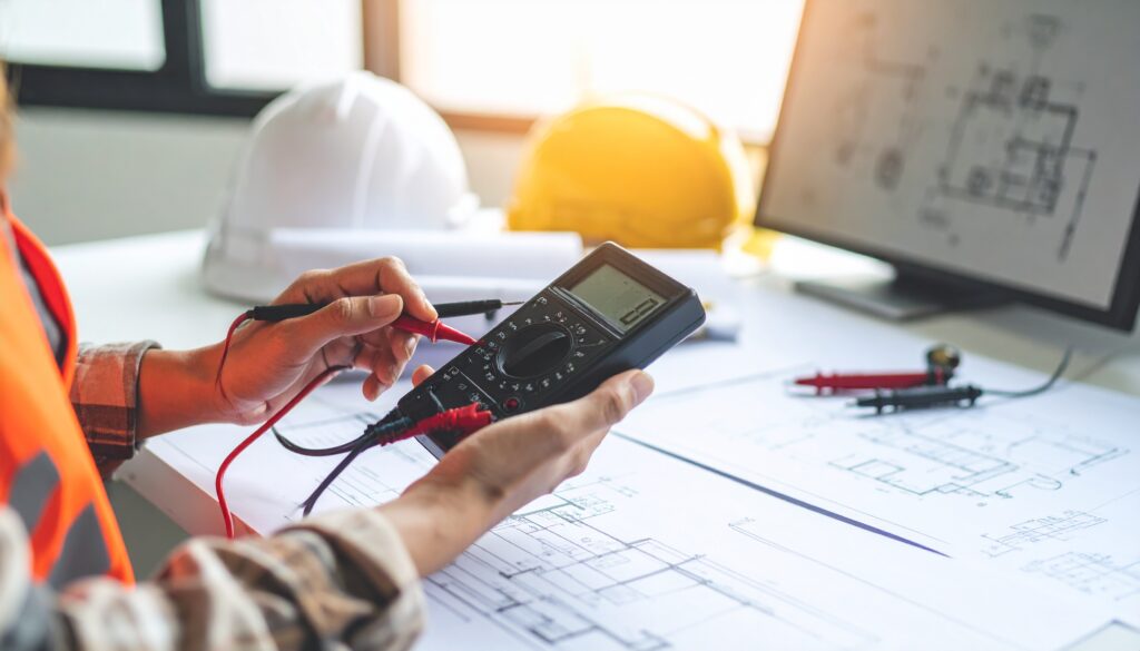 アルス株式会社の電気技術者がデジタルマルチメーターで電流・電圧を精密測定、電気回路図と専門測定機器による品質管理作業