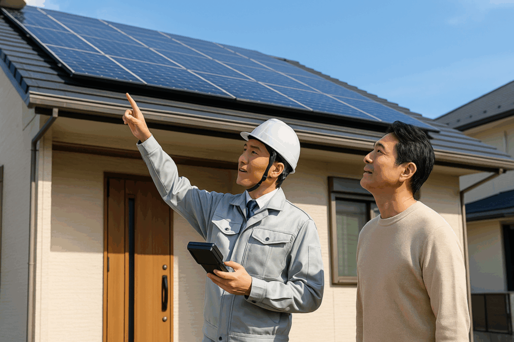 日本の住宅で、作業着とヘルメットを着用した太陽光発電の専門技術者が測定器具を持ちながら屋根上のソーラーパネルを指差し、顧客に説明している晴天の日中の現地調査風景。