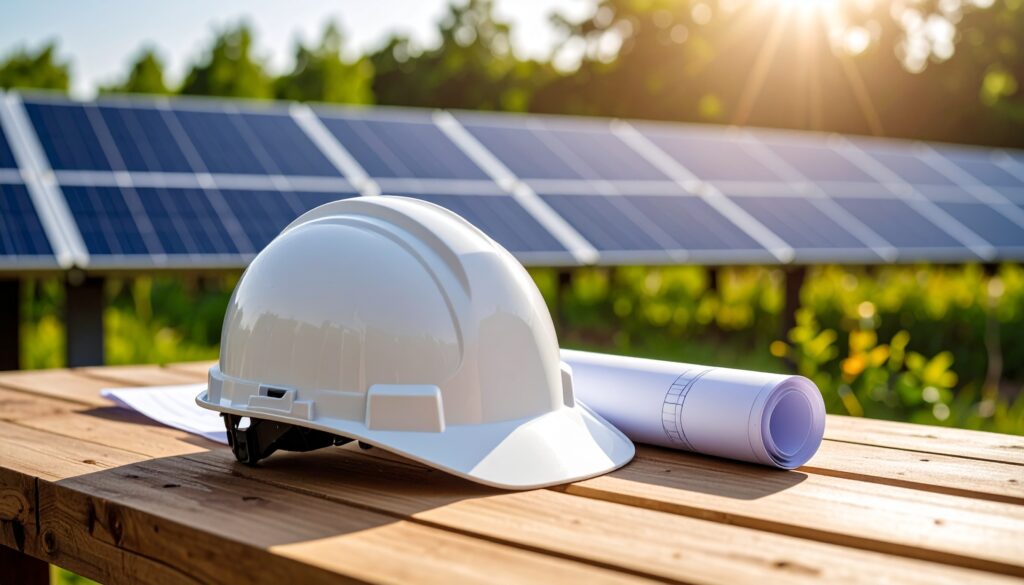 アルス株式会社の太陽光発電施設で使用する白い安全ヘルメットと技術設計図、長期メンテナンスサポートの専門性と安全性を象徴