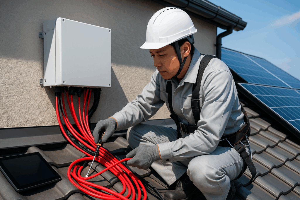 日本の住宅屋根で、安全ハーネスを装着した電気技師がパワーコンディショナーと太陽光パネルを繋ぐ赤い配線を丁寧に整理しながら接続作業を行う電気配線工事の専門的な作業シーン。
