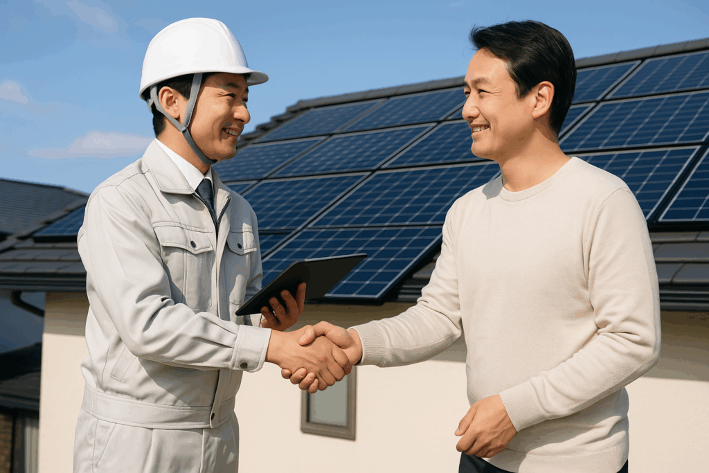 完成した住宅用太陽光発電システムの最終検査で、技術者がタブレットで発電量を確認しながら顧客と握手を交わし、屋根には青い太陽光パネルが整然と並ぶ満足の瞬間。