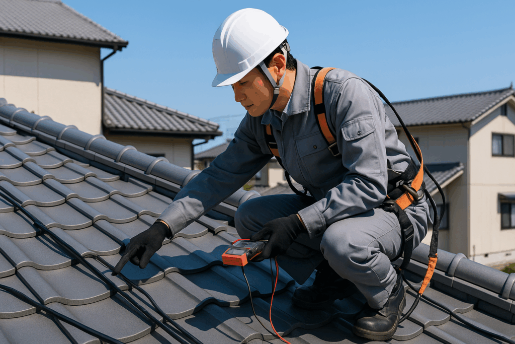 日本の住宅屋根で、安全ハーネスを装着したヘルメットと作業着姿の職人が配線ルートを最終確認し、測定器でチェックしながら太陽光発電工事を開始する晴天の作業準備風景。