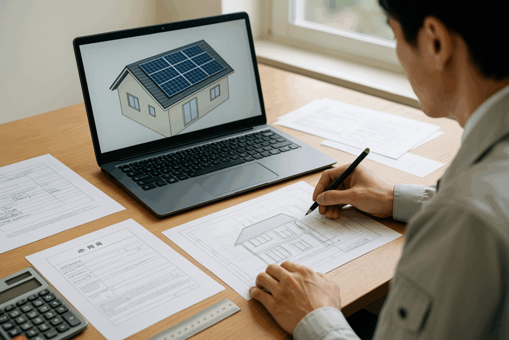 オフィスの木製デスクで、作業着を着た技術者が太陽光発電システムの設計図面に書き込みを行い、ノートパソコンの画面には住宅屋根の太陽光パネル配置図が表示されている。周囲には申請書類、電卓、定規が整然と並び、窓からの自然光が机上を照らす。