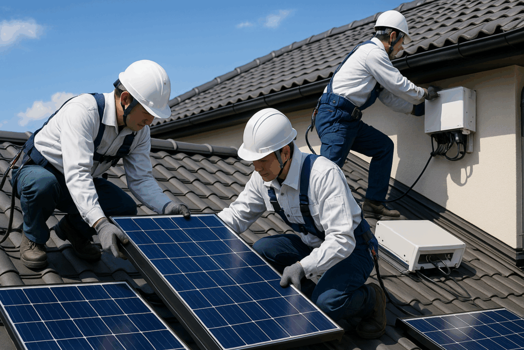 日本の住宅屋根で、安全ハーネスとヘルメットを着用した職人たちが青い太陽光パネルを慎重に運び正確な位置に設置し、同時に壁面でパワーコンディショナーを取り付けている熟練作業風景。