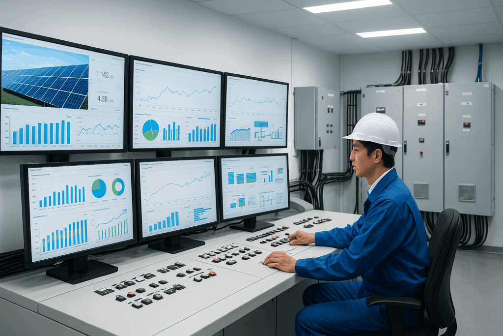 太陽光発電システムを監視する近代的な電気制御室で、日本人エンジニアが複数のモニターを操作している様子