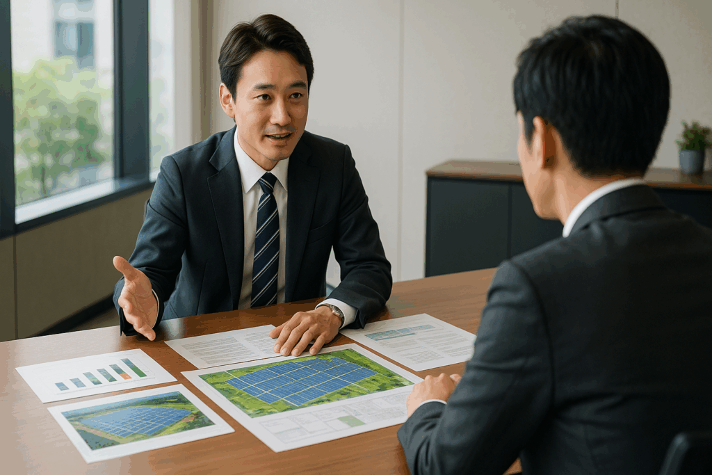 会議室でスーツ姿の日本人コンサルタントが太陽光発電所の配置図と資料を広げ、クライアントと導入計画を議論しているビジネスシーン