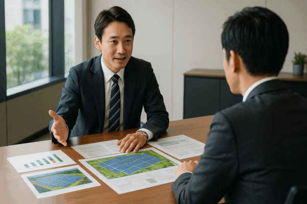 会議室でスーツ姿の日本人コンサルタントが太陽光発電所の配置図と資料を広げ、クライアントと導入計画を議論しているビジネスシーン